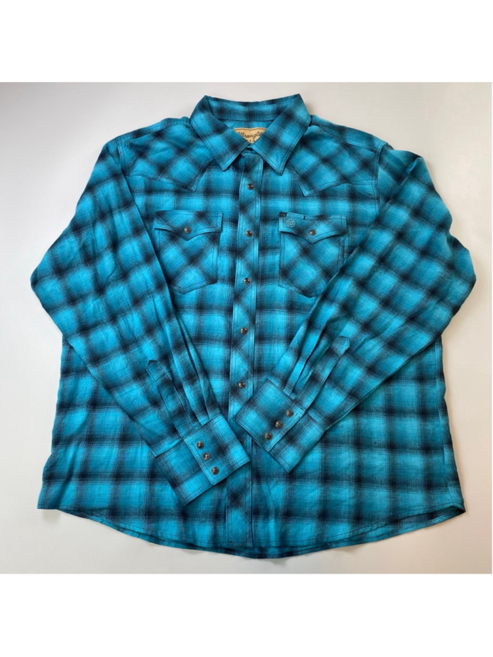 Wrangler Retro Flannel Shirt XXL Blue Black Plaid Pearl Snaps Western Soft Rodeo